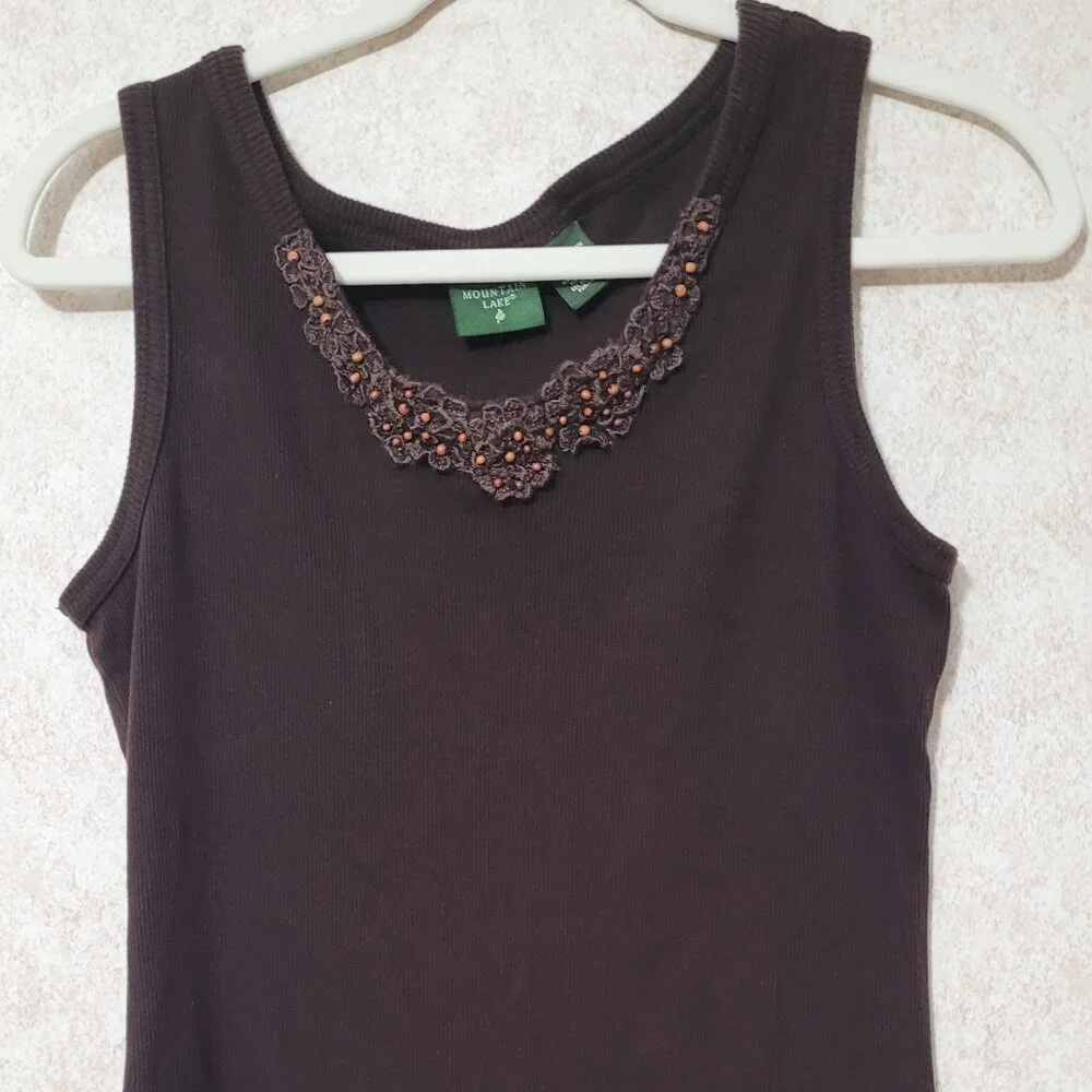 Brown Ribbed Tank Top Embellished Mounain Lake Womens Size L - Picture 1 of 11